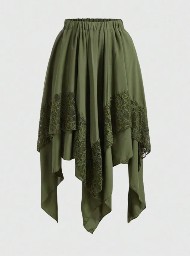 Lace Floral Gothic Midi Dress with Irregular Skirt