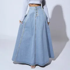 Vintage Style Solid Color Denim Cotton A-Line Skirt with Front Button in Regular Fit for Spring