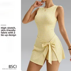 Plaid Nylon Women’s Yoga Top with Tie Closure, Backless Design, Short Length for Comfortable Workout