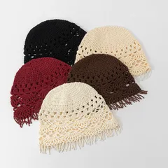 Bohemian Solid Color Brimless Beanie Hat in Breathable Knit Material Featuring Beading Craftsmanship for Adults