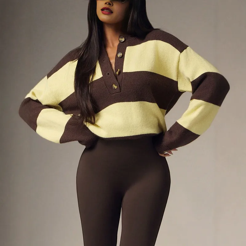 Vintage Style Color Block Long Sleeve Polyester Sweater with Henley Neck and Pullover Design