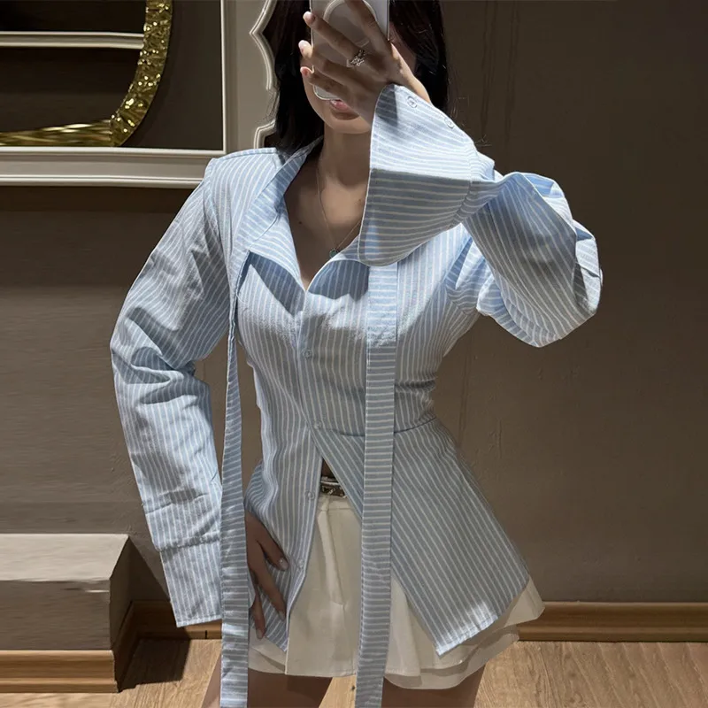 Sexy Stripe Long Sleeve Polyester Shirt for Women with Single Breasted Closure and Lapel Collar