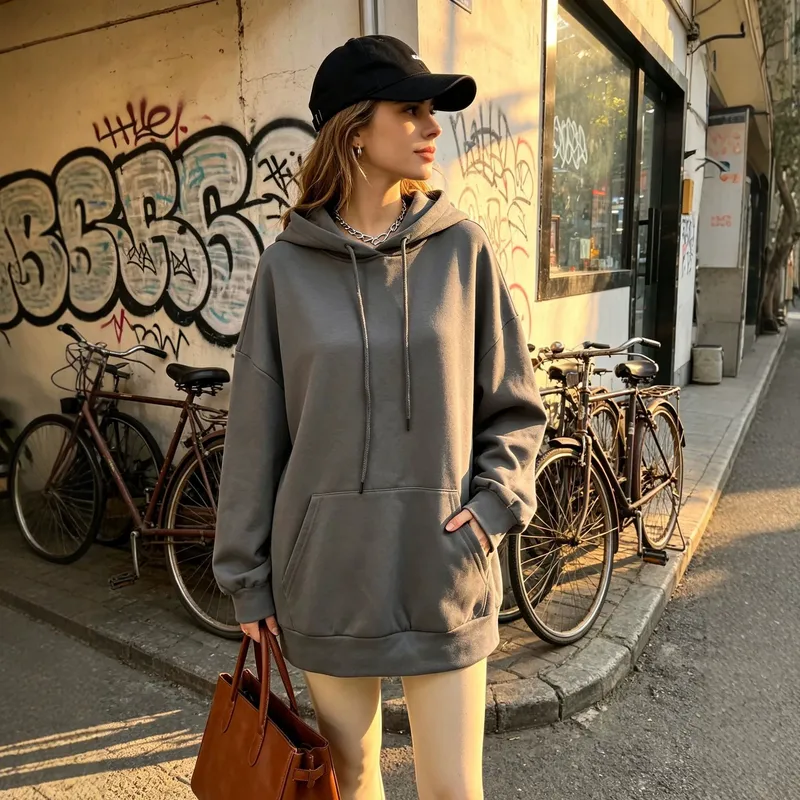 Solid Color Polyester Pullover Hoodie for Women with Casual Long Sleeves and Hooded Design