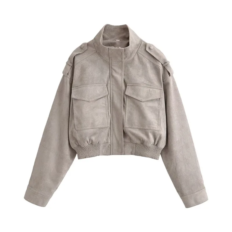 Casual Solid Color Zipper Coat Jacket with Standing Collar in Polyester Fabric