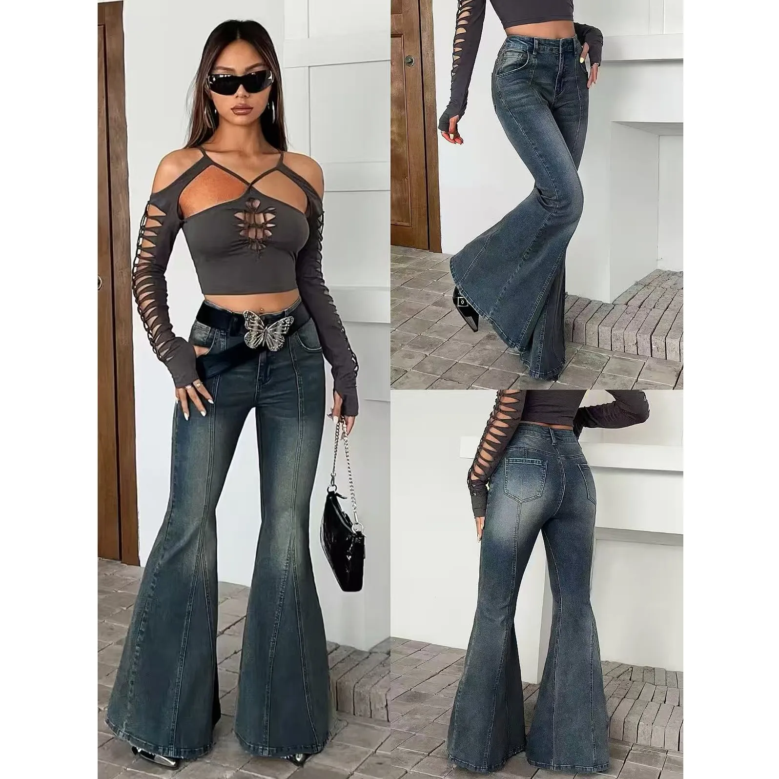Streetwear Full Length Flared Pants for Women in Cotton with High Elasticity and Pocket Design