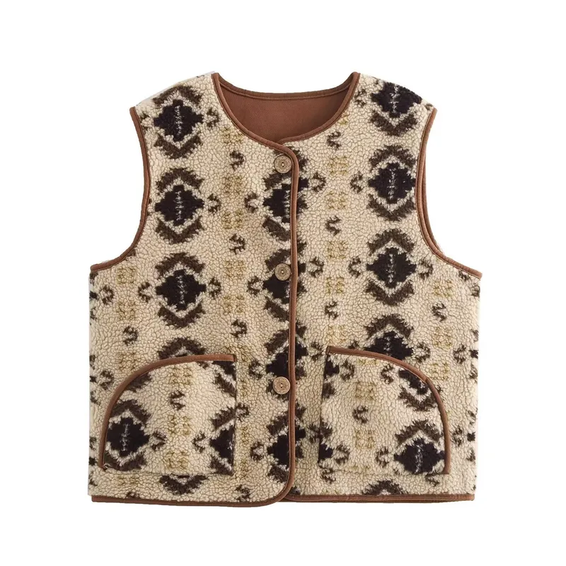 Women's Polyester Streetwear Vest with Shearling, Sleeveless Design Featuring Round Neck and Single Breasted Closure with Printing