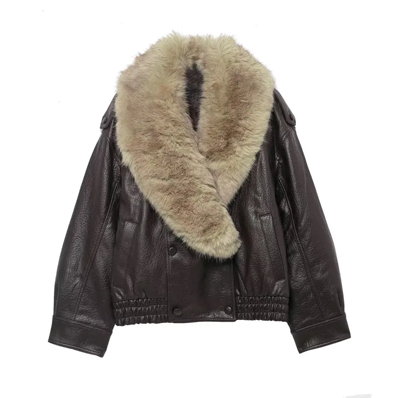 Casual Solid Color Leather Jacket for Women with Zipper Placket and Lapel Collar, Made of Polyester