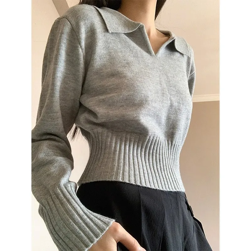 Women's Slim Fit Dark Grey Solid Long Sleeve Viscose Pullover Sweater with Shirt Collar for Business Commute