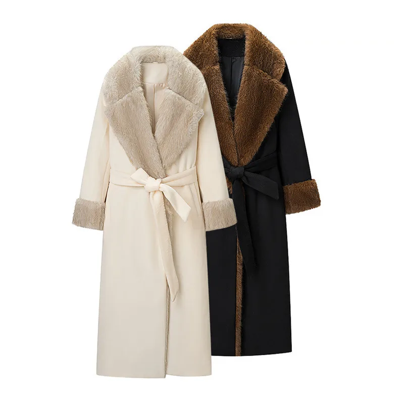 Elegant Women's Woolen Coat with Tie Placket Featuring Polyester Fabric and Functional Pocket