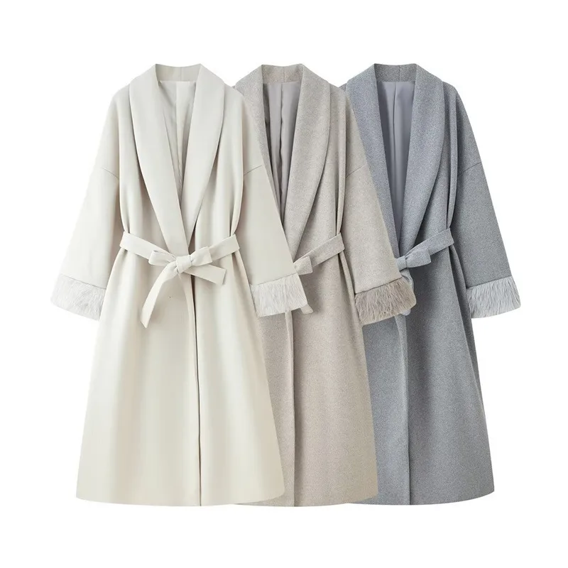 Elegant Woolen Coat for Women with Tie Placket, Polyester Fabric, Lapel Collar, Long Sleeve, and Pocket Detail