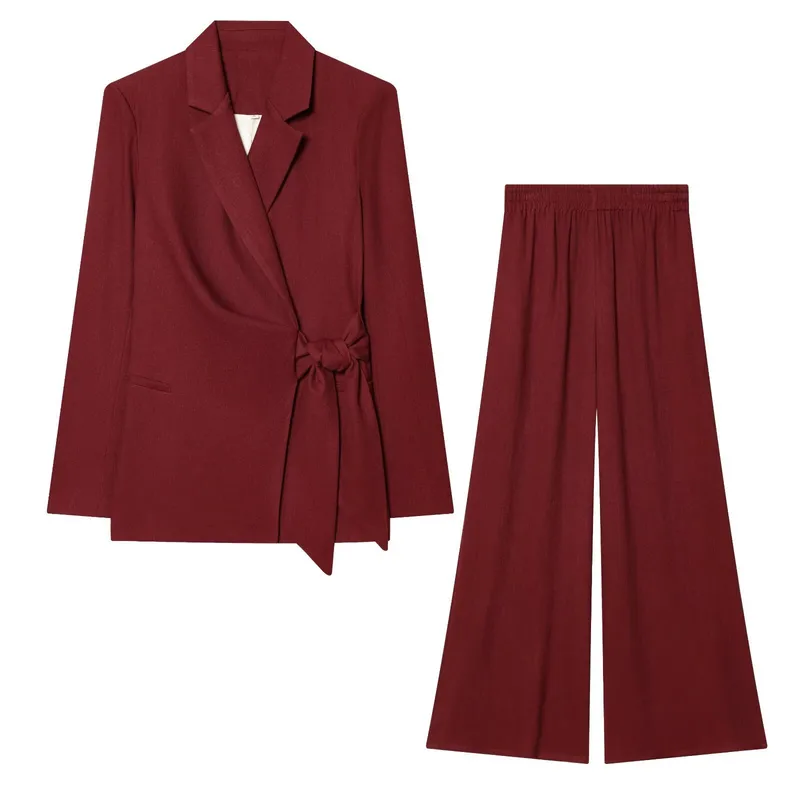 Business Linen Blazer Suits Co-ord Set with Front Tie Featuring Double Breasted Closure and Long Sleeves for Professional Women