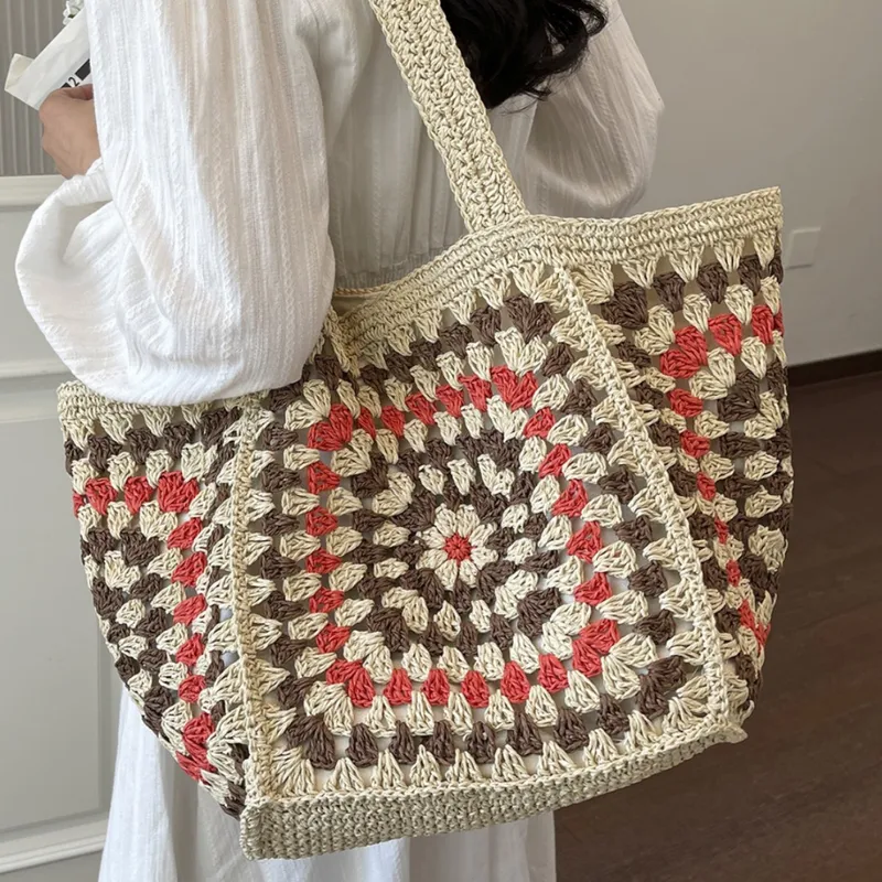 Color Block Square Straw Bag with Braid Detail, Single Shoulder Strap, Perfect for Summer