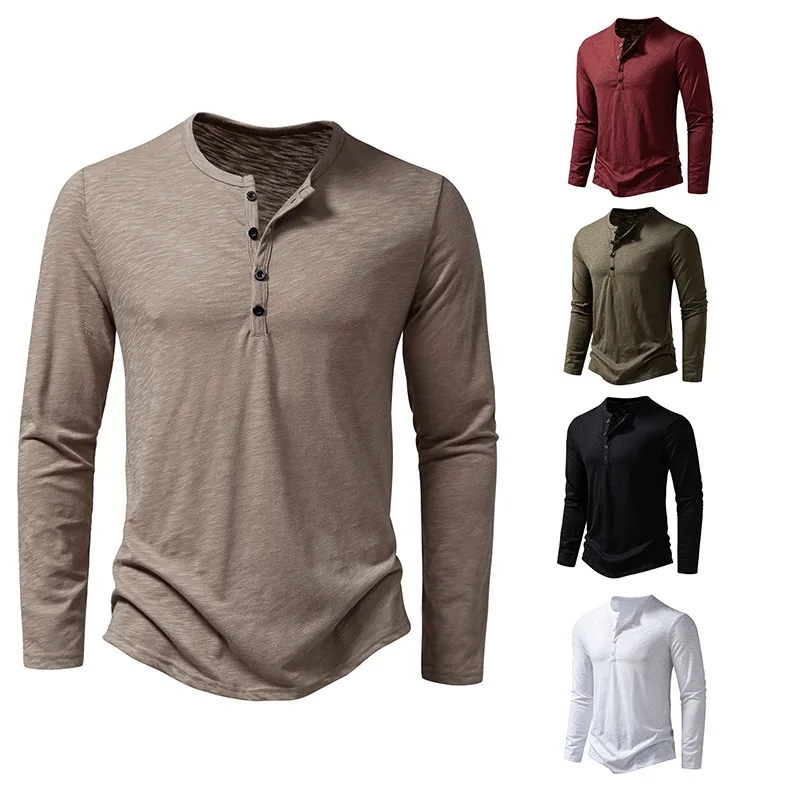 Men's Loose Fit Long Sleeve Cotton T-Shirt Solid Color Round Neck Casual Top