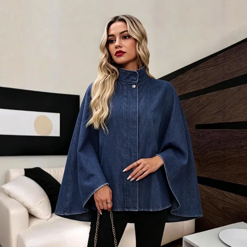 Solid Color Denim Coat for Women with Vintage Style Featuring Batwing Sleeves and Standing Collar