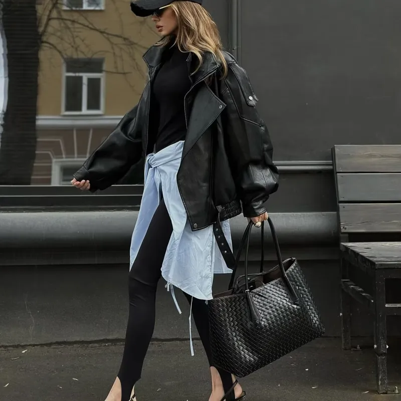 Streetwear Women's PU Leather Jacket with Zipper Placket Lapel Collar Long Sleeve