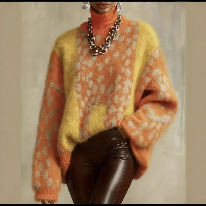 Leopard Print Casual Sweater with Long Sleeves, Knitted Acrylic Fabric Pullover