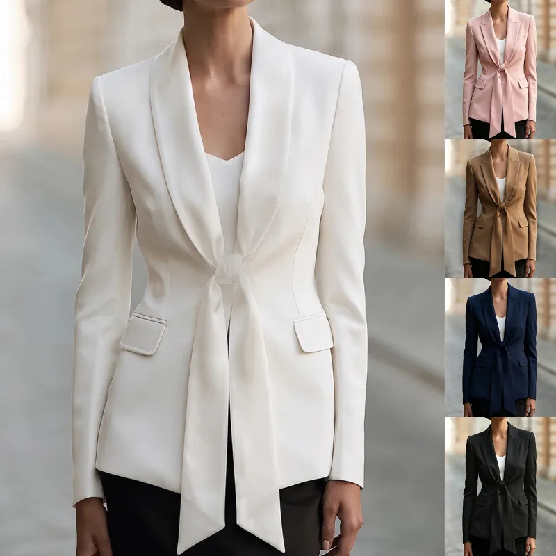 Solid Color Business Long Sleeve Polyester Blazer Featuring Tie Detail