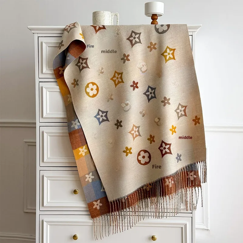Women’s Red Imitation Cashmere Scarf with Flowers Pattern, Perfect for Autumn