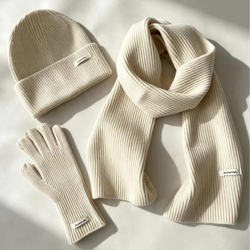 Sweet Solid Color Women’s Wool Cap 3 Pieces Set in Knitted Knit Material