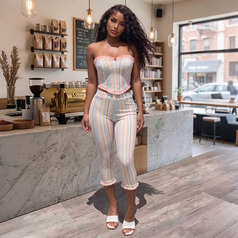 Sexy Color Block Pant Co-ord Set in Milk Fiber Fabric Featuring Printing with Sleeveless Design and Tube Bra Neckline