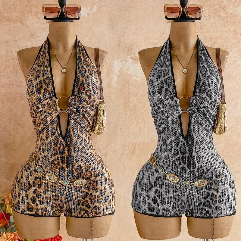Sexy Leopard Print Rompers Shorts for Nightclub, Featuring Polyester Fabric with Sequins Detail