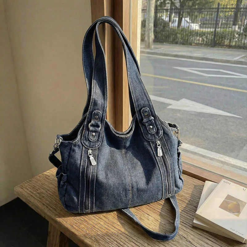 Women’s Square Denim Tote Bag with Sewing Thread Detail, Single Shoulder Strap, Perfect for Spring