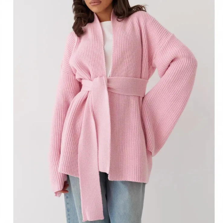 Solid Color Casual Long Sleeve Polyester Pullover Sweater for Women Featuring Belt Detail