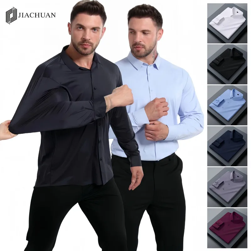 Solid Color Business Long Sleeve Men's Shirt in Polyester Fabric with Lapel Collar and Placket Front
