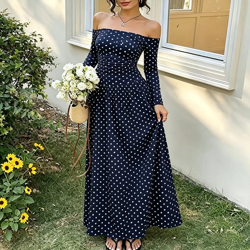 Sexy Polka Dot Dress with Off Shoulder Neckline and Long Sleeves, Made of Polyester, Perfect for Date