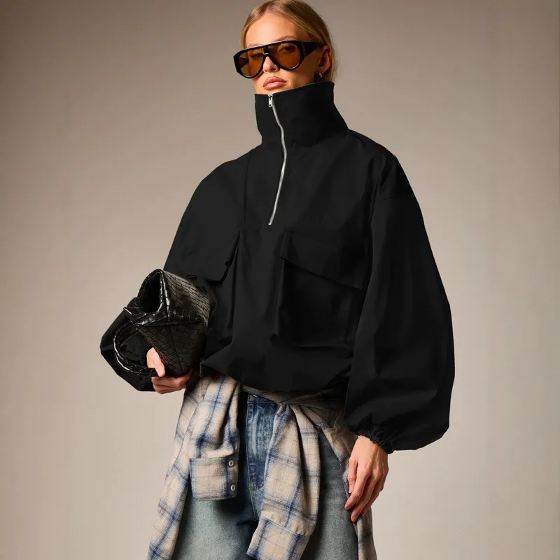 Casual Solid Color Coat Jacket with Half Placket, Made of Polyester Fabric Featuring Practical Pocket Design