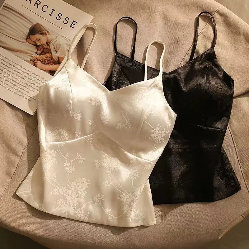 Women's Slim Short Chinoiserie Camisole with Crochet Lace and Botanical Floral Print