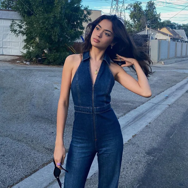 streetwear solid color spandex polyester full length zipper washed casual pants jumpsuits