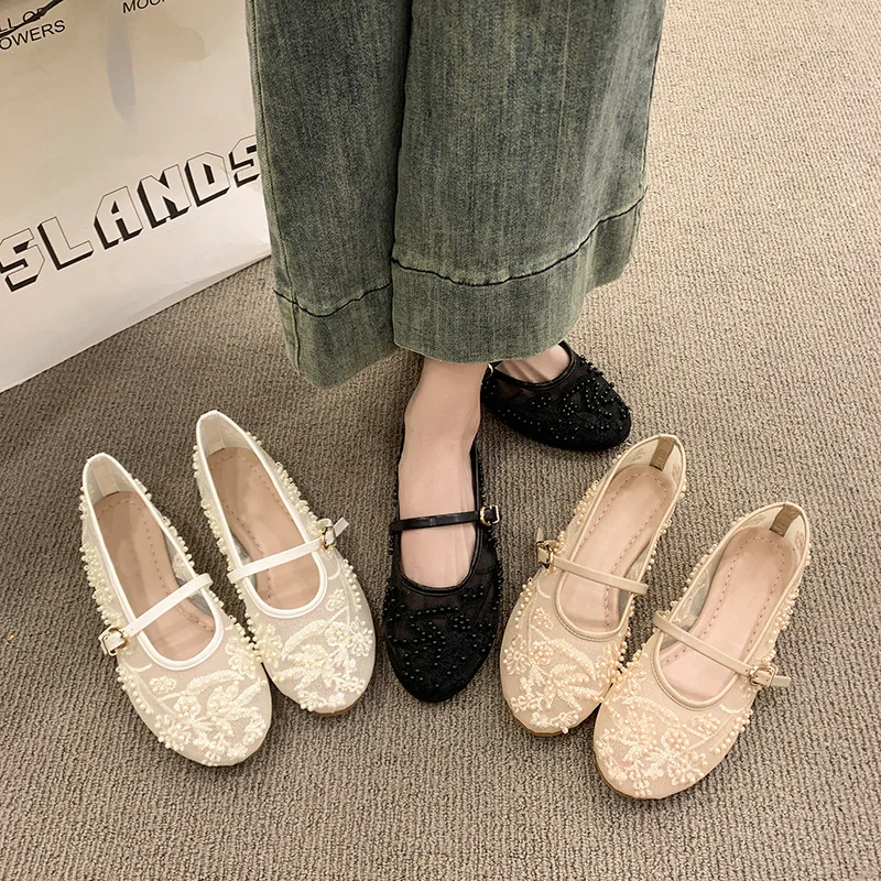 Solid Color Women Mary Jane Shoes with Rubber Sole and Flat Heel Featuring Mesh Upper in Casual Style