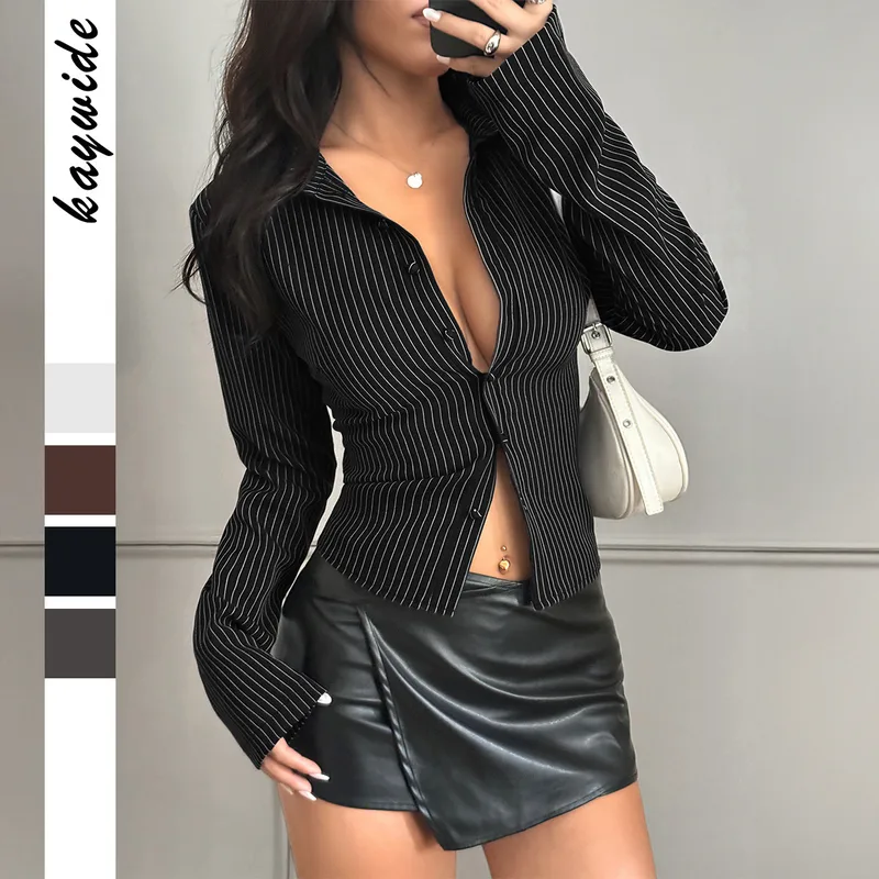 Stripe Long Sleeve Shirt Collar Blouse for Women in Polyester with Single Breasted Design