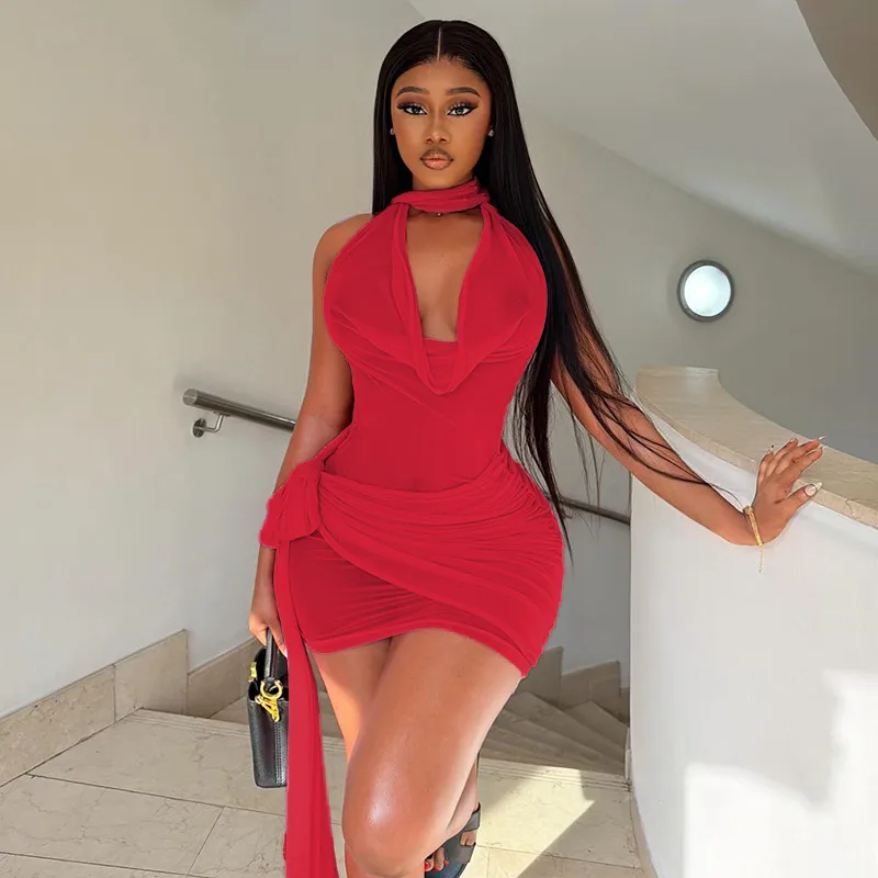 Solid Color Sleeveless Halter Neck Bodycon Dress in Polyester for Casual Streetwear