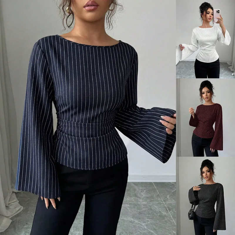 Casual Stripe Long Sleeve Polyester Pullover Shirt for Women