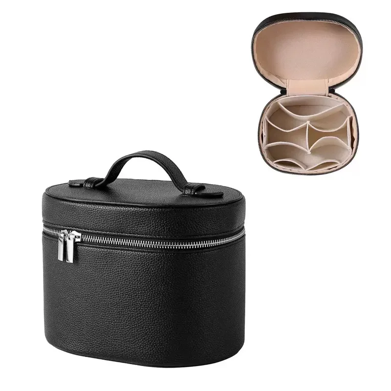 Solid Color PU Leather Cosmetic Bag for Women with Top Handle, Waterproof Design