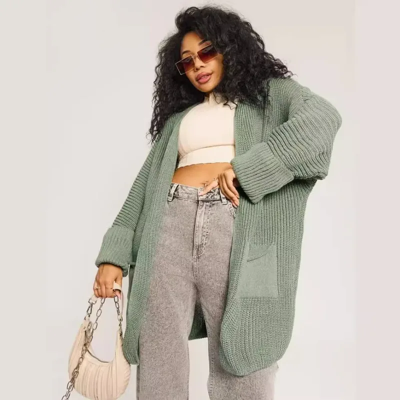 Solid Color Casual Long Sleeve Knitted Fabric Sweater for Women with Patchwork and Placket