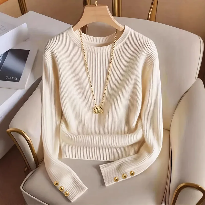 Elegant Solid Color Long Sleeve Polyester Pullover Knitted Women's T-Shirt