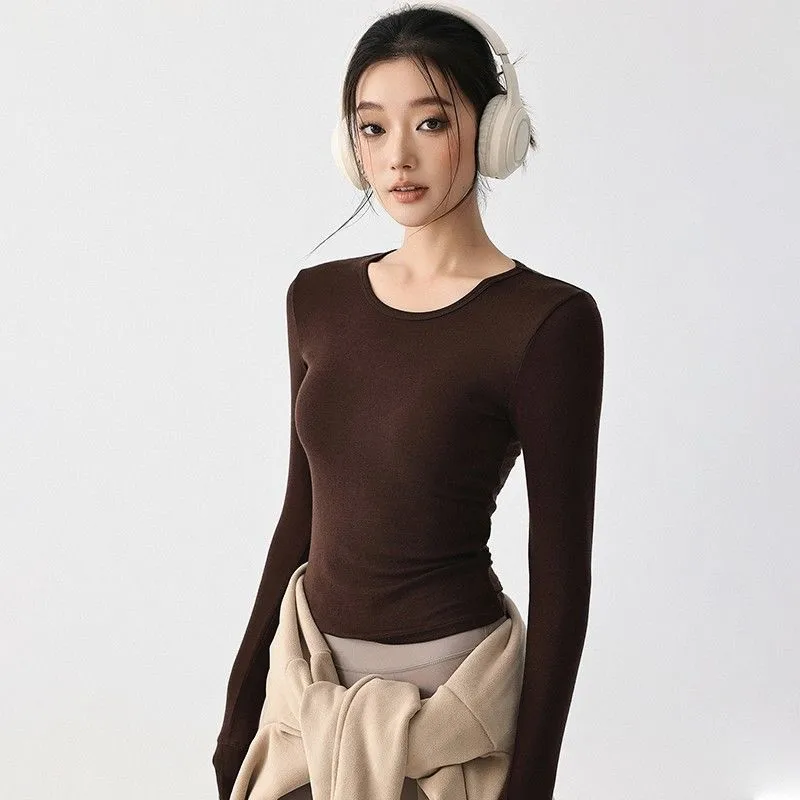 Solid Color Casual Long Sleeve Polyester T-shirt for Women Featuring Splicing Craft and Pullover Style