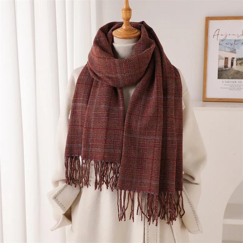 Unisex Plaid Shawl Scarf in Dark Coffee Polyester, Perfect for Autumn and Winter
