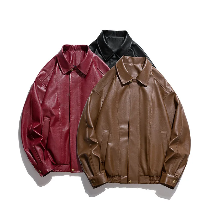 Men's Loose Fit PU Leather Jacket with Zipper and Lapel Collar