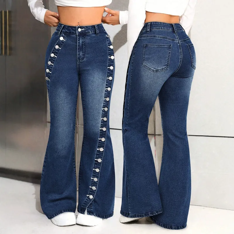 Slim Fit Full Length Women's Jeans in Denim Cotton Fabric with Washed Craftsmanship, Micro-Elastic for Summer