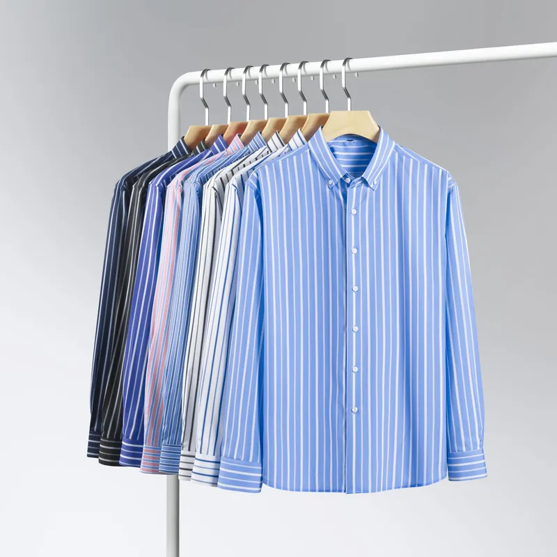 Casual Stripe Long Sleeve Shirt for Men in 4-Way Stretch Fabric with Printing Craft and Lapel Collar