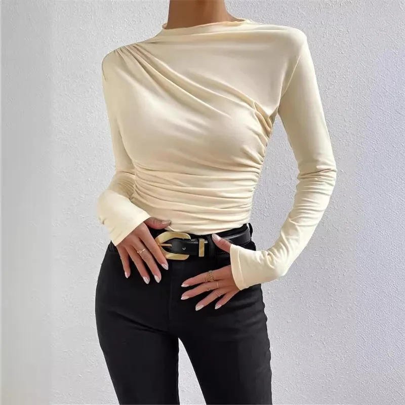 Elegant Solid Color Long Sleeve Turtleneck T-Shirt for Women