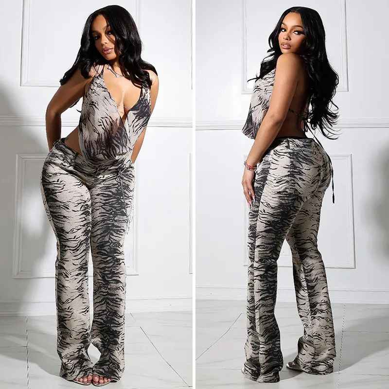 Women's Sleeveless Animal Print Leisure Set with Full Length Pants