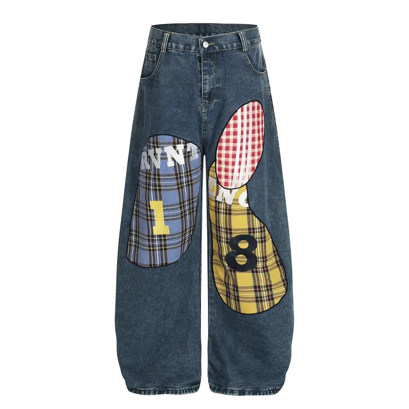 Plaid Full Length Denim Cotton Jeans for Women in Streetwear Style with Embroidery, Inelastic Fabric