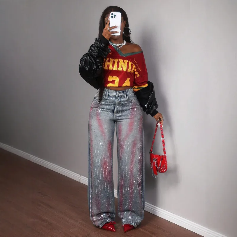 Ombre Wide Leg Full Length Denim Cotton Pants for Women with Rhinestones, Inelastic, Summer Style