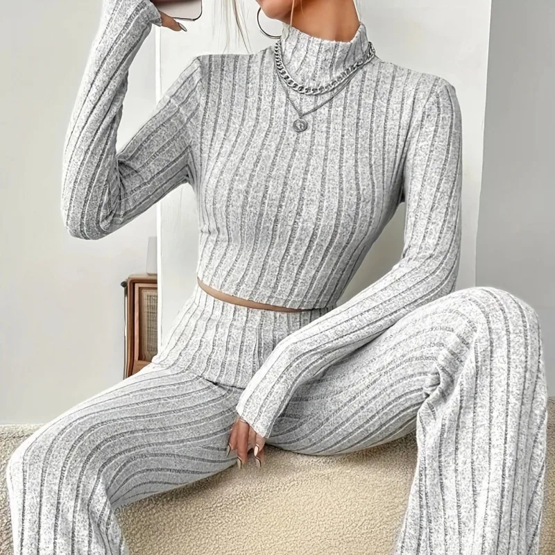 Women’s Stripe Pant Co-ord Set in Polyester with Turtleneck, Streetwear Style for Daily Wear, 2 Pieces Set