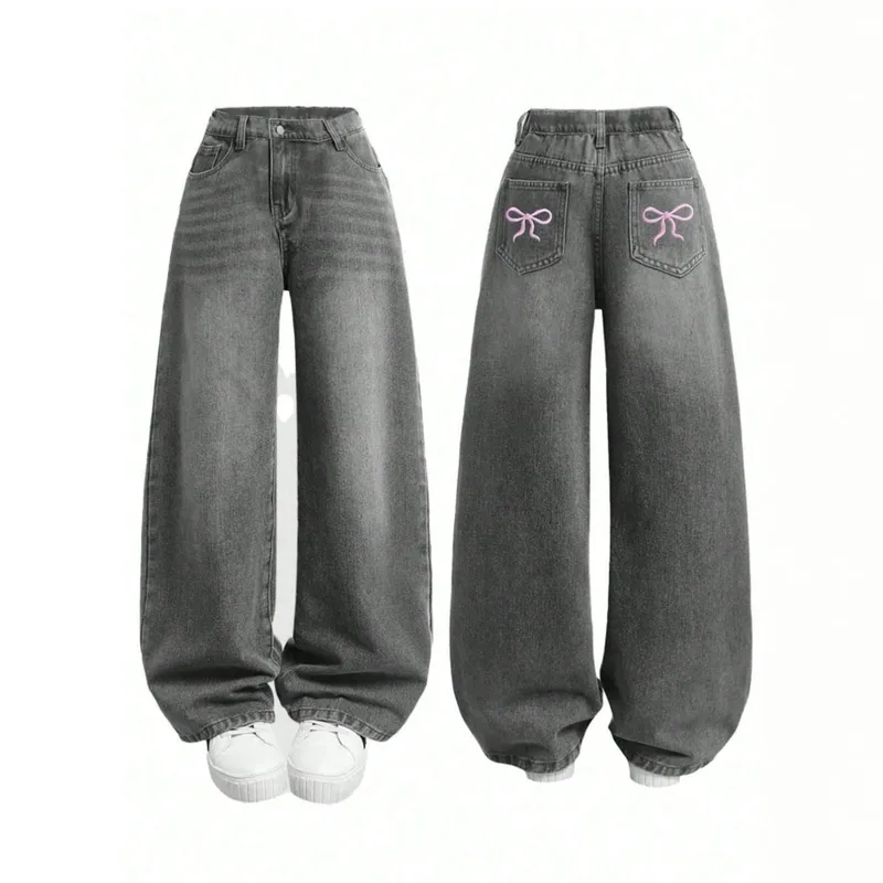 Solid Color Casual Denim Jeans for Girls in Grey, Full Length Children's Denim Pants